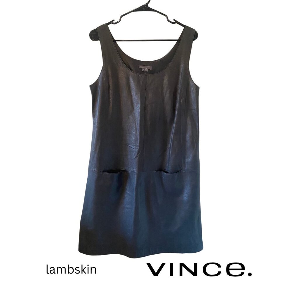 VINCE lambskin leather gray tank shift dress two pockets size 10